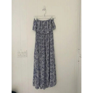 Blue & White Print Medium Off The Shoulder Strapless Ruffle Cover Up Maxi Dress